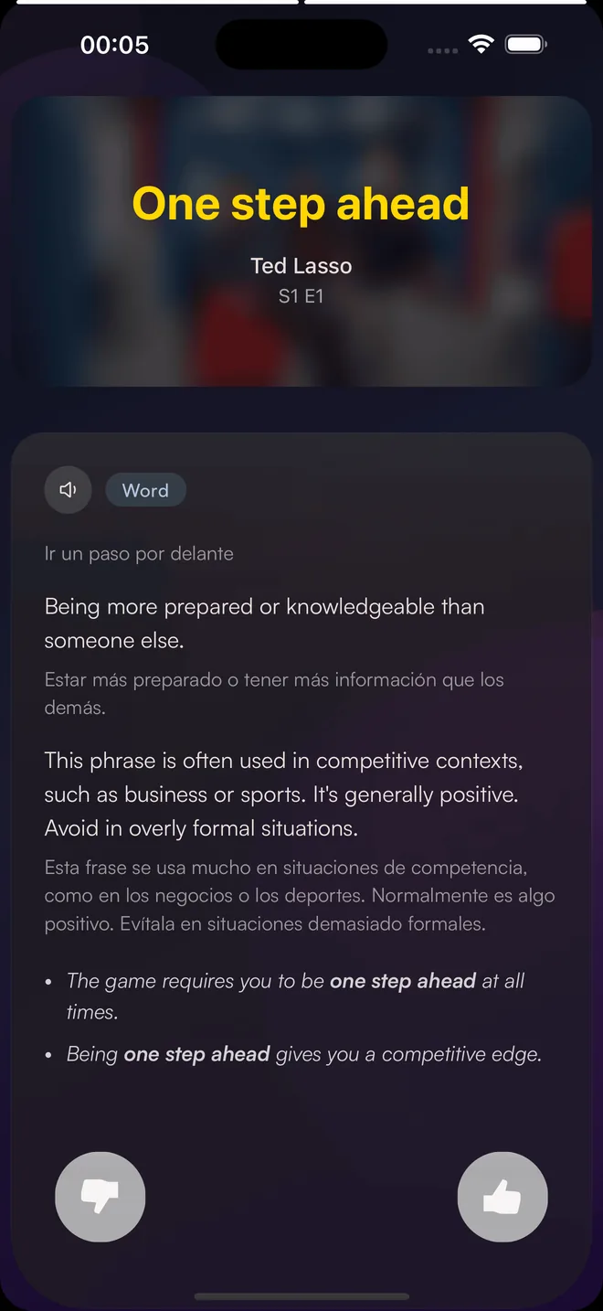 Cool Mate app screen teaching the phrase 'one step ahead' from a Ted Lasso clip